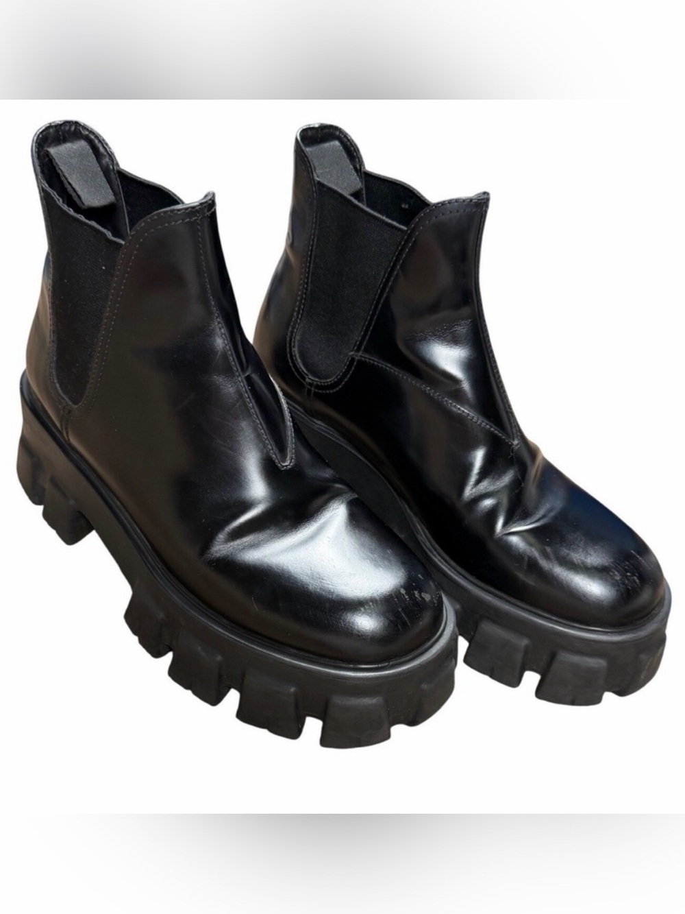 Prada Mens Chelsea Monolith Boots Black Leather Chunky Sole M 6 W 8‎ MSRP $1,520